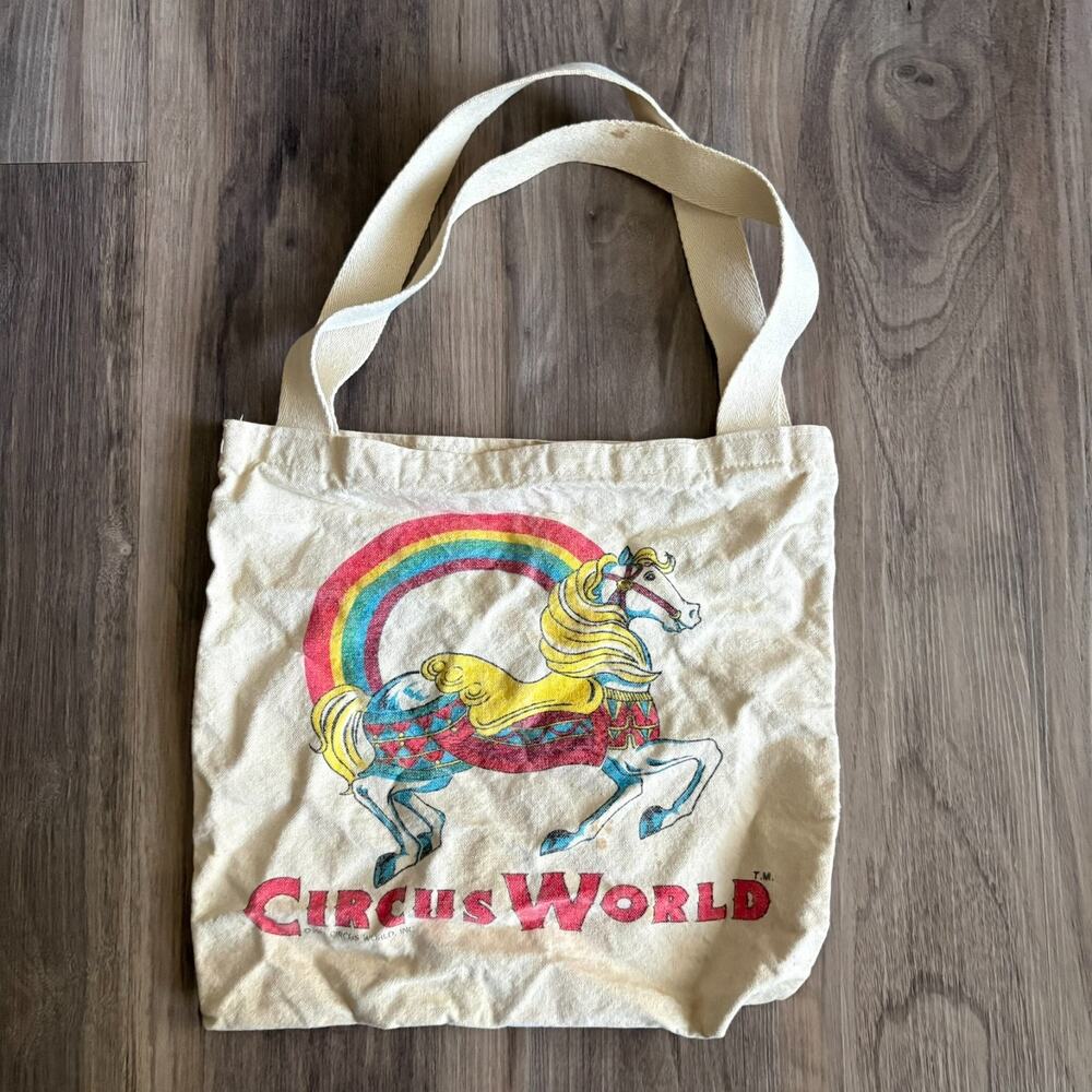 Vintage 1982 Circus World Tote Bag Small Rainbow Horse Carousel RARE Worn Used
